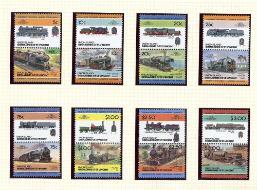 Loco 100 Trains Grenadines Of St Vincent Union Island 16 Stamps MNH ( 8 pairs )