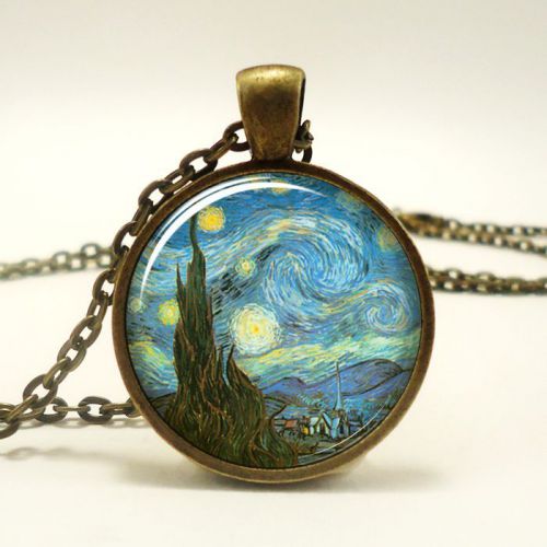 The starry night necklace, vincent van gogh pendant, bronze (0422b1in)