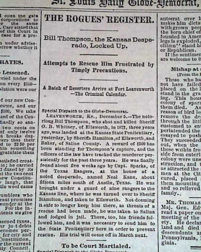 Billy thompson kansas desperado gunman captured murder arrest 1876 old newspaper
