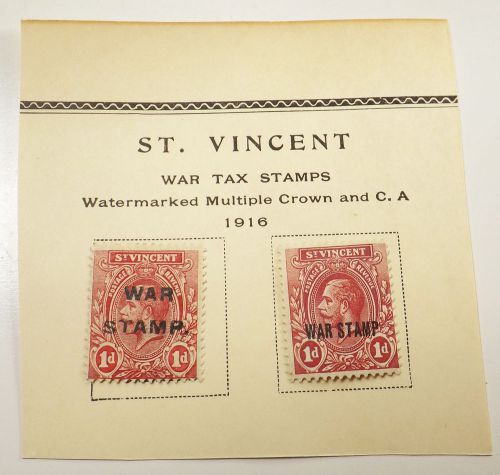 St. Vincent -Sc#MR1b-1p WAR STAMP Overprinted-Type I-used-1916 2 Stamps Lot#12