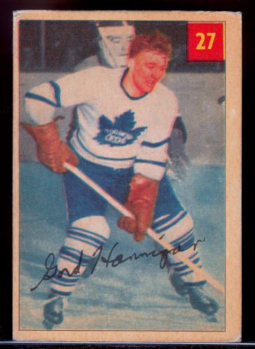 1954-55 parkhurst hockey toronto maple leafs #27 gordie hannigan bio back