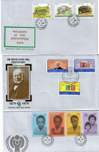 St vincent grenadines 1979  3 fdc&#039;s - rowland hill,wildlife &amp; year of t child