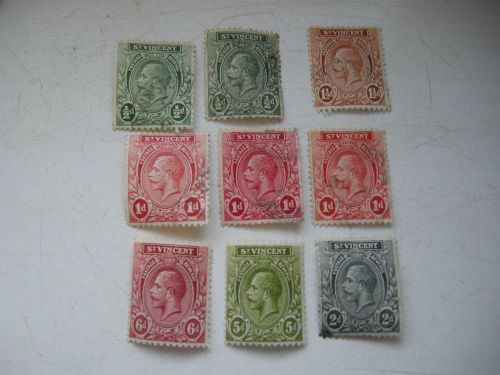 St Vincent 9 stamps KGV 5&amp;6d MNH 1/2d&amp;1d are different shades FU