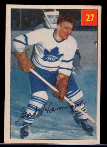 1954-55 parkhurst hockey toronto maple leafs #27 gordie hannigan bio back a
