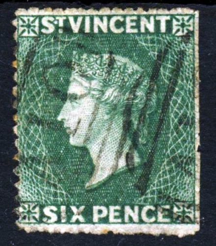 ST. VINCENT QV 1862 Six Pence Deep Green No Watermark Rough Perf. 14 SG 4 VFU