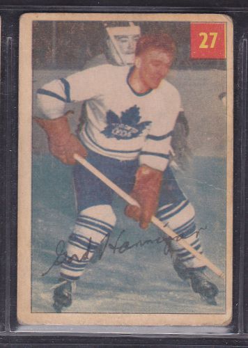 1954-55 parkie parkhurst hockey #27 gordie hannigan maple leafs