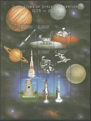 St vincent 1999 history of space rockets observatory planets astronaut sheet mnh