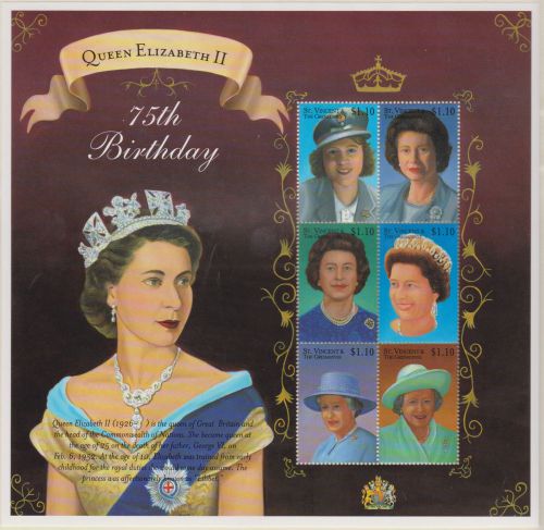 St vincent &amp; grenadines $1.10 queen elizabeth ii 75th birthday 2001 stamp sheet