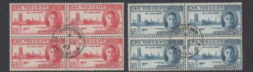 St vincent 1946 victory fine used set as blocks 4 stamps