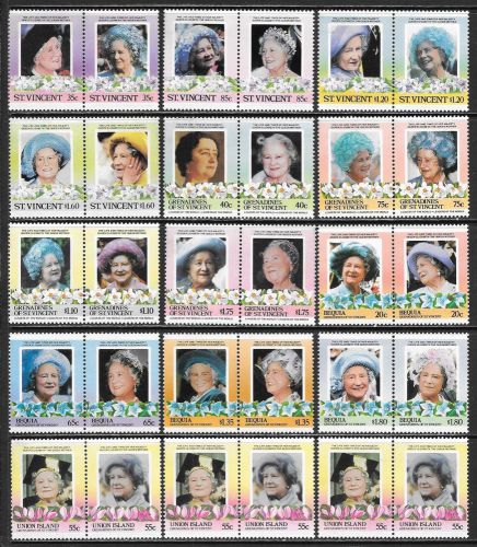 ST. VINCENT - QEII &amp; Queen Mother Mint Never Hinged Pairs Selection (Oct 0024)