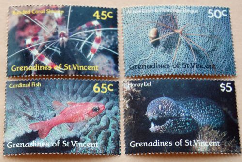 Marine life 1987 grenadines of st vincent set of four stamps mnh fish eel etc.