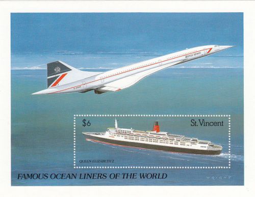 St vincent 1989 concorde flying over qe11 liner $6. miniature sheet unmounted mi