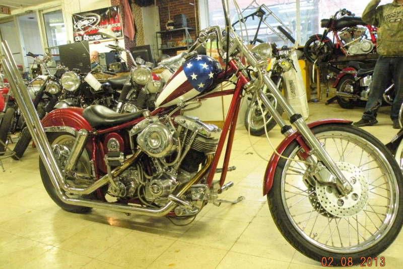 Harley custom chopper captain america shovelhead upsweep exhaust open belt custo