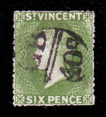 St vincent. sg 16, 6d deep green. wmk small star. used.