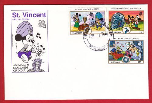 Disney - st vincent - animals and diamonds of india - fdc - 1989.