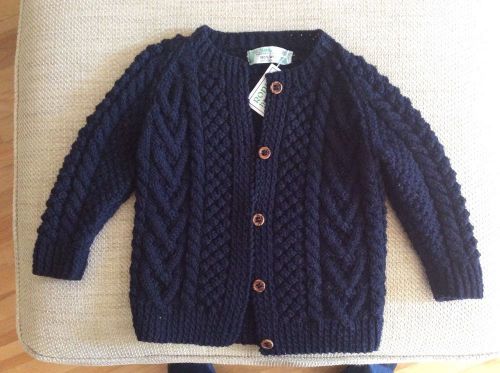 Boy Girl Irish Sweater Ronnie Hannigan Aran Blue Cable Handknit Button 5 6 Small