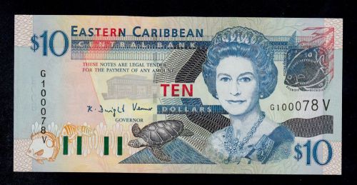 East caribbean states 10 dollars ( 2003 )  st. vincent pick # 43v unc-. banknote