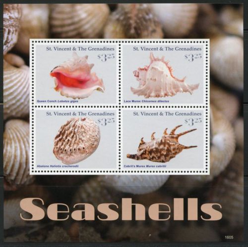 St. vincent grenadines 2016 seashells  sheet of four  mint nh