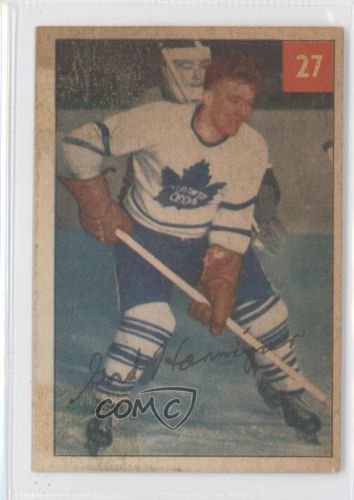 1954 parkhurst #27.1 gord hannigan (base) toronto maple leafs rc hockey card 0a4