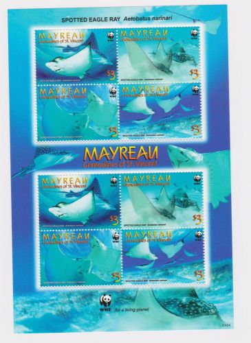Mayreau St Vincent - WWF, Marine Life, Spotted Eagle Ray, 2009 - Sheetlet of 8