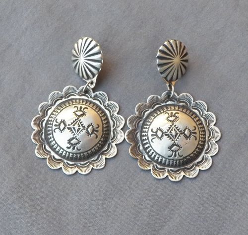 New Navajo USA Made Vincent Platero Post Dangle Stamped Round Concho Earrings