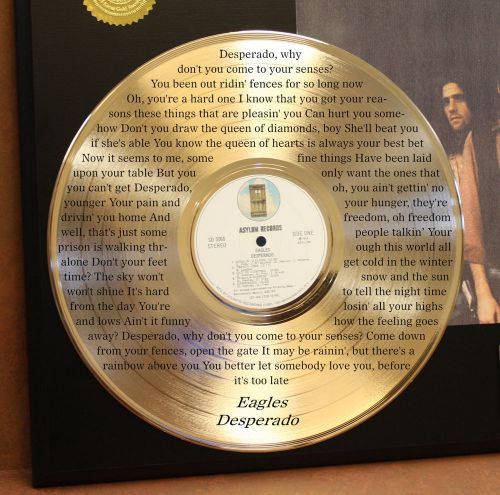 The Eagles "Desperado" LTD Edition laser etched lyrics Gold LP display, US $159.95, image 3