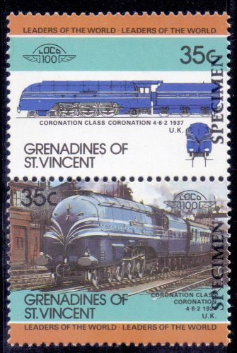 GRENADINES OF ST.VINCENT SPECIMEN STAMP PAIR CORONATION CLASS RAILWAY U.K MNH.