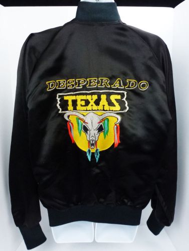 Medium vtg racy desperado texas black satin jacket cow skull embroidery m