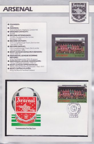St vincent stamps football souvenir arsenal fc fdc &amp; mint from collection