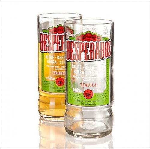 Pair Desperados Tall Clear Rim Recycled Glass Beer Bottle Glasses Boxed