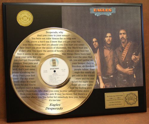 Eagles - 24k Gold LP Record Display Etched Lyrics - Desperado - USA Ships Free
