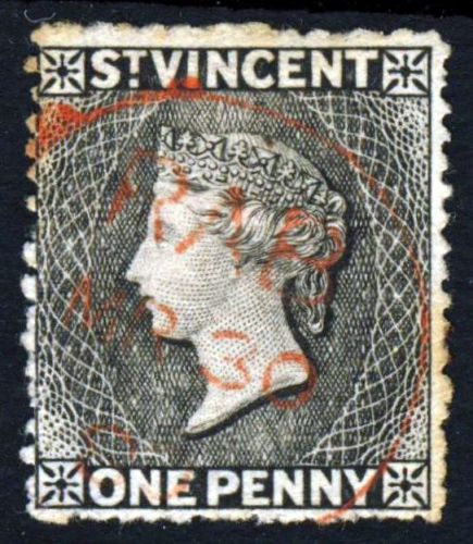 ST. VINCENT QV 1871 One Penny Black Watermark Star Rough Perf. 14.5 SG 15 VFU