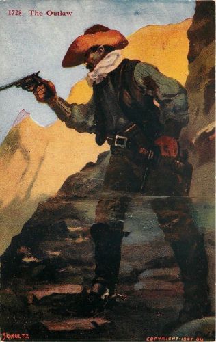 FW Schultz~Cowboy Western Artist~"The Outlaw"~Desperado Draws Gun~Rocky Mtn Path, US $6.07, image 1