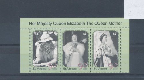 St vincent 1990 90th birthday of queen mother strip of 3