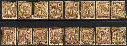 St. Vincent: 1909 3d shades (16) SG 106 used