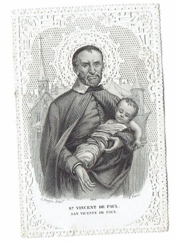 Holy card:19th century lace St Vincent de Paul perfect condition ( see scan)