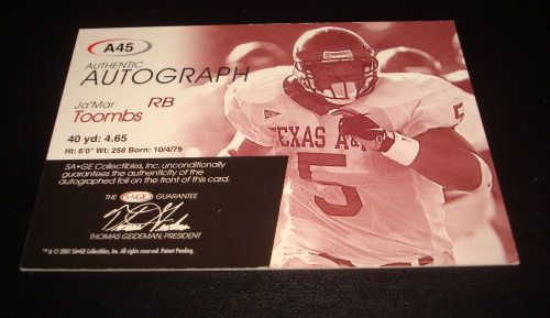 Ja'Mar Toombs Texas A & M Desperados 2001 SAGE Authentic Rookie Autograph JG, US $19.99, image 3