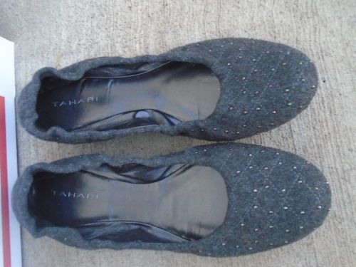 Tahari vincent gray fabric women&#039;s ballet flat studded shoes size 9m