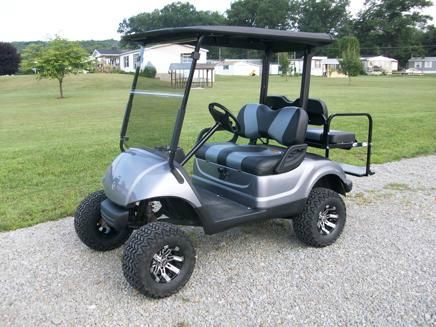 Used 2007 Yamaha Lifted Golf Cart 4 Passenger with Striped Seats for sale.