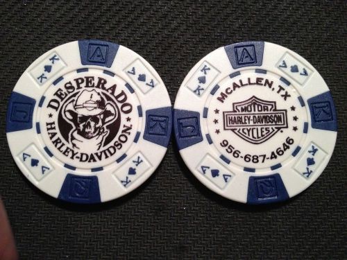Harley davidson poker chip  (white &amp; blue)  &#034;desperado h-d&#034;  mcallen, texas