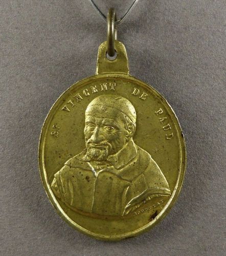 French antique religious large pendant, saint vincent de paul. medal.