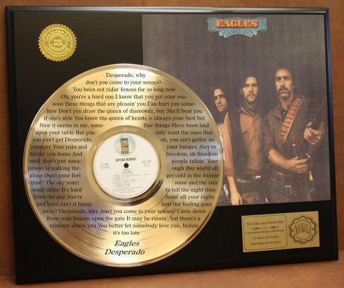 Eagles limited edition gold lp record laser etched w/ lyrics to &#034;desperado&#034;