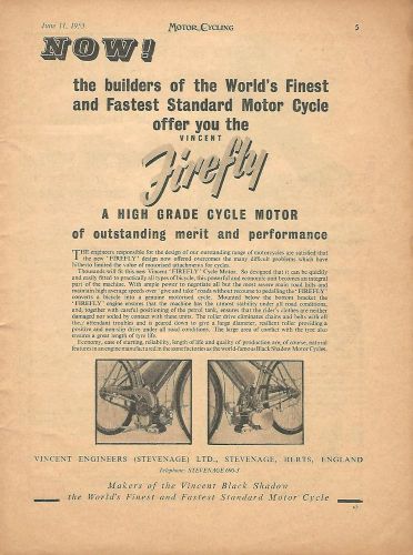 Vintage vincent firefly ad, 1953, clip-on engine for bicycles