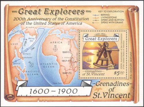 St. Vincent Grens 1988 Ships/Explorers/People/Maps/Sextant/Transport m/s (b3734)