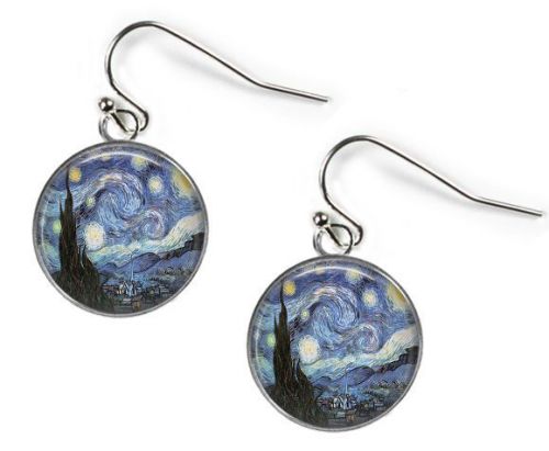 STARRY NIGHT Vincent Van Gogh - Glass Picture Earrings – Silver Plated (J21)