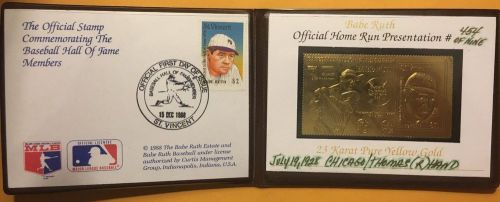 1989 st vincent 1st day issue -23 kt gold stamp - hof babe ruth