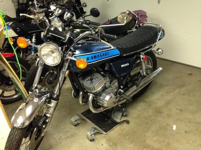 1975 Kawasaki 500 H1 triple, Rare Blue, restored, new paint, polished cases